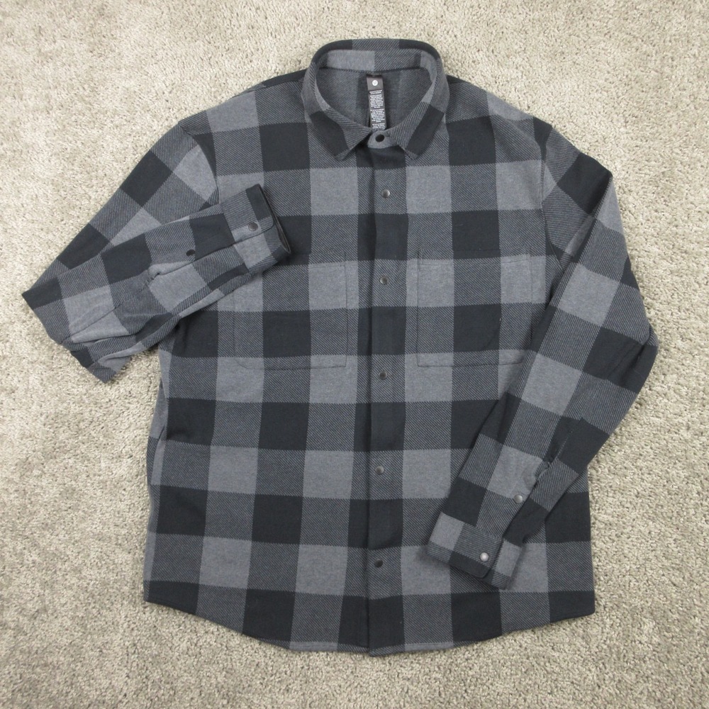 Lululemon Shirt Mens XL Gray Buffalo Check Plaid Soft Knit Overshirt Flannel EUC